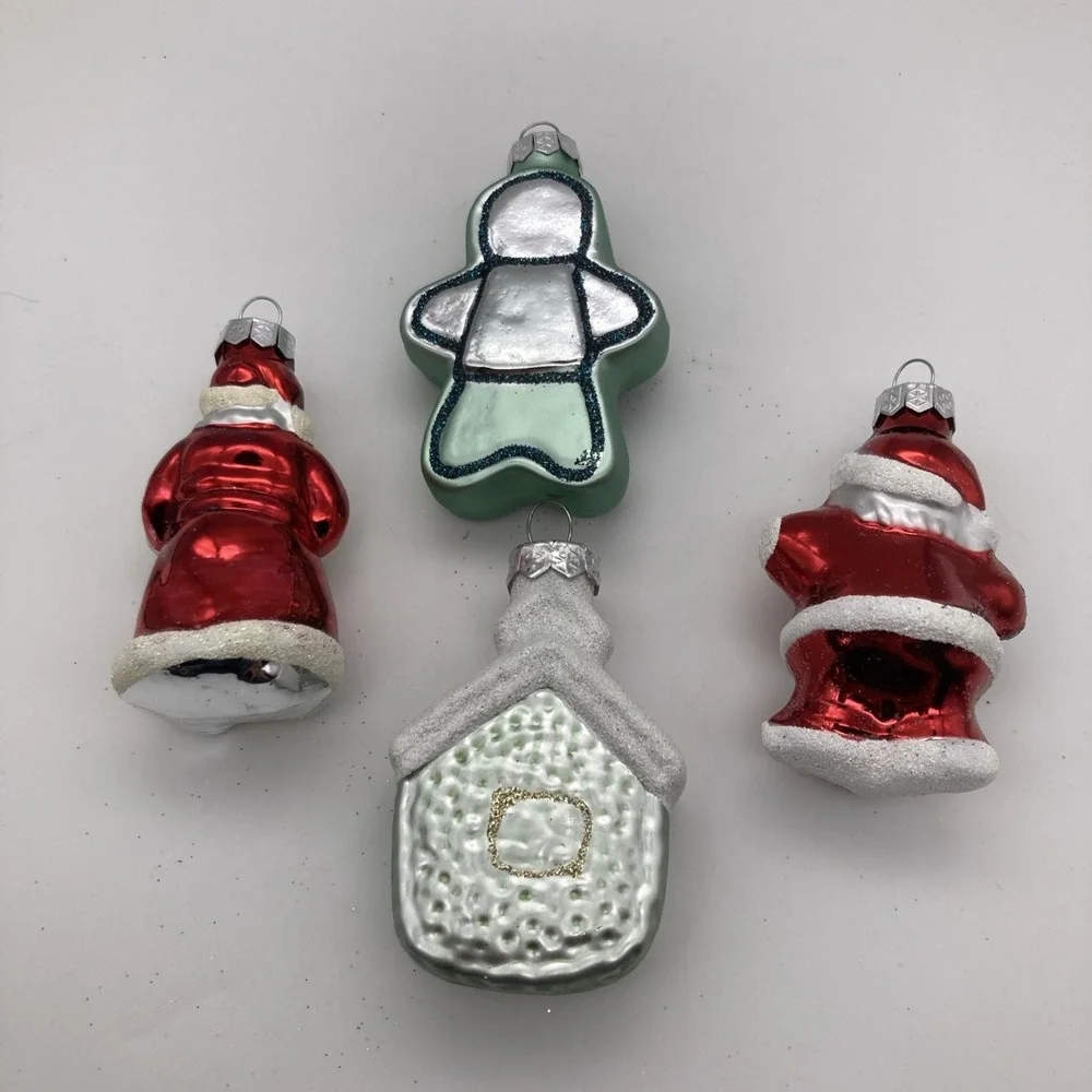 PIER 1 Blown Glass Christmas Ornaments Set of 4 Santas Gingerbread Man & House